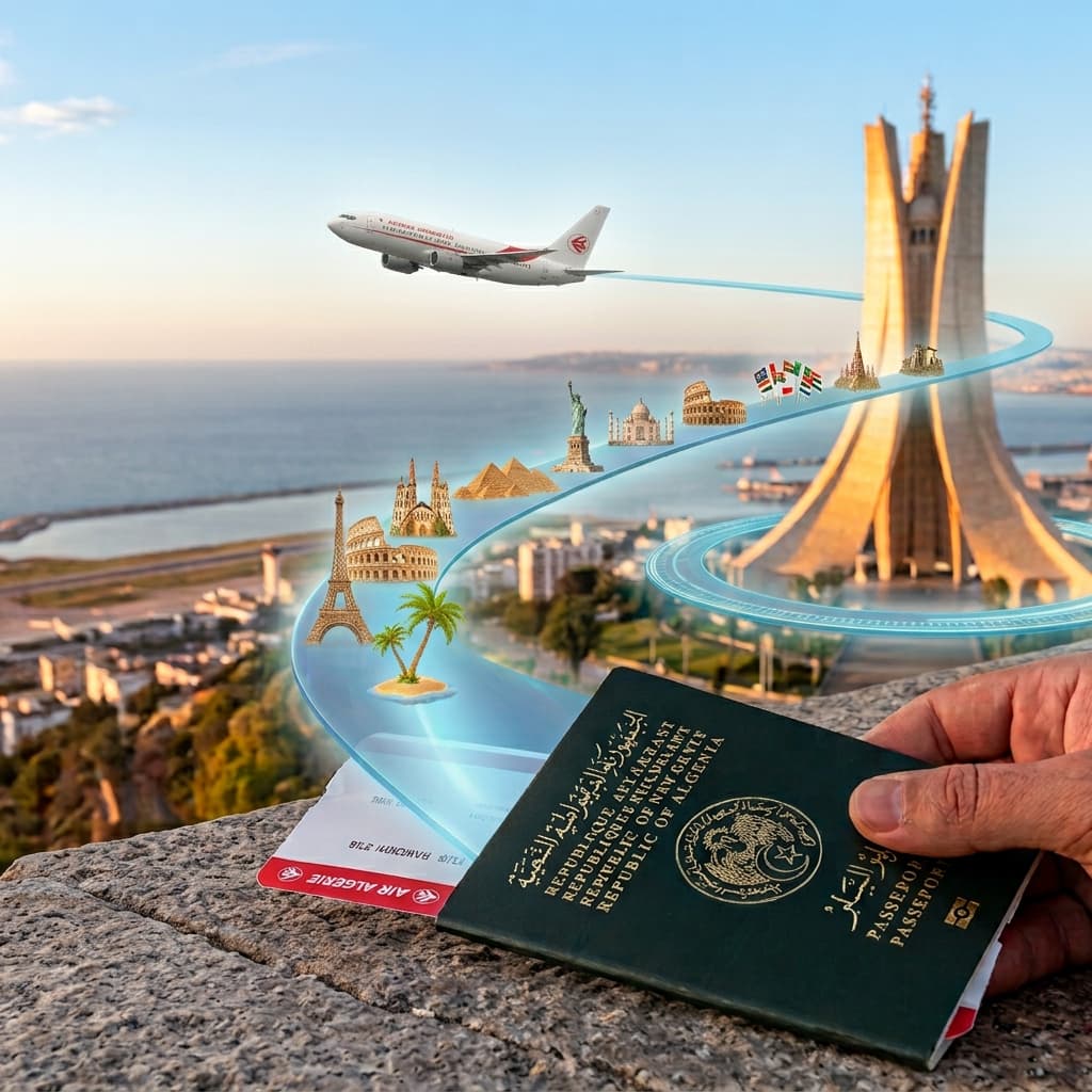 Passeport et carte d'embarquement devant une ville côtière de nuit, un avion décolle